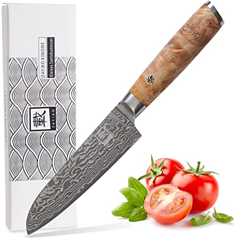 zayiko Kinone Premium Kleines Santokumesser - 12 cm Klinge, 67 Lagen Damaststahl, ergonomischer Birkenwurzelholzgriff, ideal für Profi- und Hobbyköche, inklusive Geschenkbox