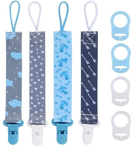 8 Pcs Dummy Clips Boys with Adapters, Silicone Button Ring Pacifier Holder Leashes Adapters Fits All Pacifiers for Baby Teething Toys Baby Shower