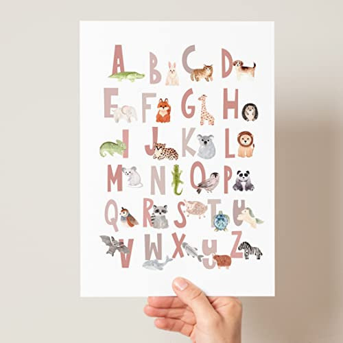 Alphabet animal scandinave, impression éducative pour enfants, poster de l'alphabet animal bohème, alphabet animal de la forêt Safari (A4, rose)
