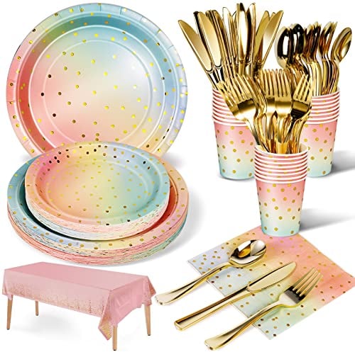 Nkaiso Rainbow Colors Party Tableware 141 Pieces Paper Supplies Set Includes Paper Plates Napkins Cups Reusable Cutlery for Wedding Shower Engagement Wedding Birthday -20 Guests
