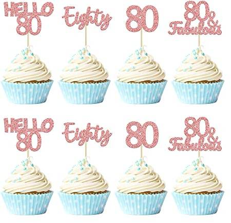 Gyufise 24Pcs 80th Birthday Cupcake Rose Gold 80 and Fabulous Cupcake Picks Happy 80th 80 Cupcake Topper for 80th Birthday Wedding Anniversary Party Supplies