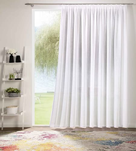 DecoHome | Gardinen Store Voile Effekt Vorhang mit Kräuselband, transparent Weiß, in verschiedenen Größen | 300 x 245 cm