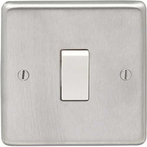 Pack of 10 Eurolite Light Switch 1 Gang 10A 2 Way with Crabtree Insert: Round Edge Satin Stainless Steel Plate with White Rocker (10)
