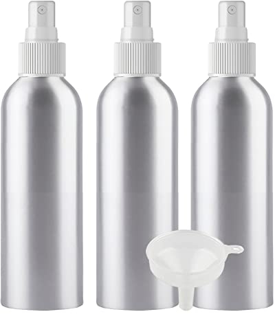 PQPAUTY 3 Piezas Pequeño 200ml botella de spray pulverizador Botella de Aluminio Plata con Bomba en Blanco Niebla Fina Atomizador para Perfume Viaje Artículos de Agua Cosmético, con Embudo