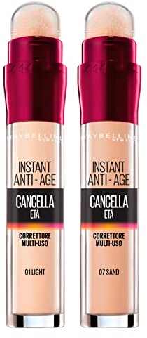 Maybelline New York Sponge Applicator + Erase Age Corrector Liquid Concealer 07 Sand Mehrzweckfarbe 01 Light mit Instant Anti-Age Dark Circles