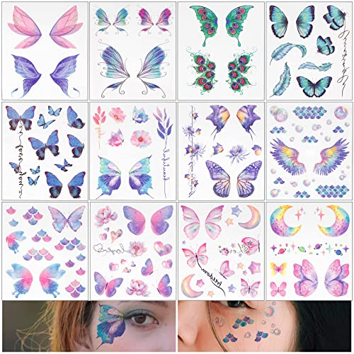 BETESSIN 12 Temporäre Tattoos Schmetterling Glitzer Tattoo Gesicht Körper Aufkleber Wassertransfer Engelsflügel Tattoos Wasserdicht Sticker für Musikfestival Ball Party Cosplay