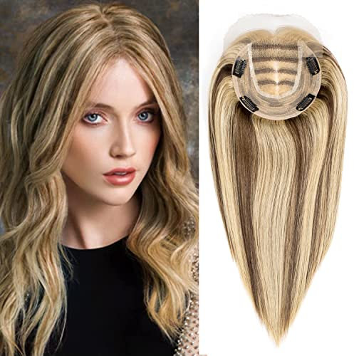 Originea Echthaar Topper Für Frauen Dünner Werdendes Haar 150% Dichte Clip in Topper Echthaar Extensions 14x15cm Mono Basis Handgefertigt Toupet mit Spitzenfront (40cm-80g, #4/27)