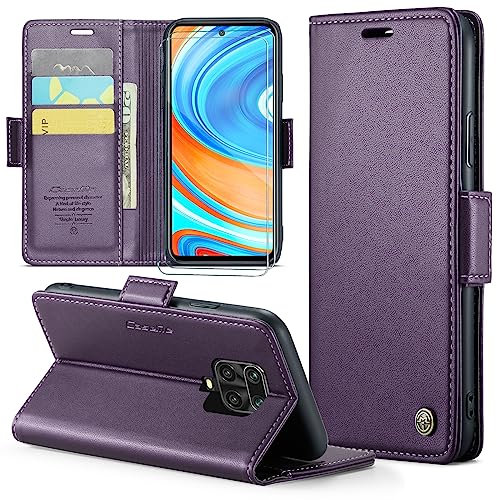FERLAN Funda para Xiaomi Redmi Note 9S/Redmi Note 9 Pro + 2 Piezas Cristal Templado,Compatible con Carga inalámbrica, con Bloqueo RFID, Hebilla Magnetica, Ranuras para Tarjetas,Morado