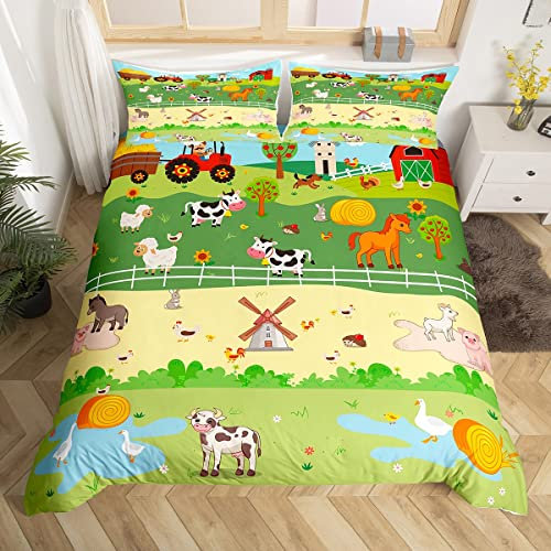 Bauernhof Tier Bettbezug 135x200 Nette Kuh Pferd Bettwäsche Set für Kinder Kleinkind,Cartoon Lkw Traktor Tröster Abdeckung Rustikale Bauernhaus Bett Set,Land Hahn Kaninchen Bettwäsche (Reißverschluss)