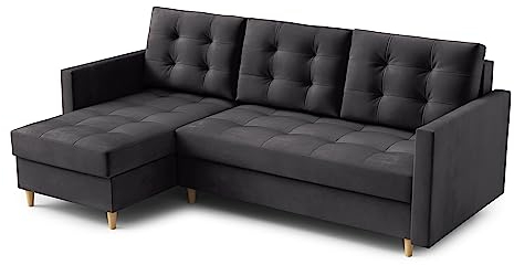 Ecksofa “DIVO” mit Schlaffunktion und Behälter für Bettzeug - Solide - modernes Design - Schnelle und einfache Montage – 224 x 144 x 95 cm. Liegefläche: 202 x 140 cm (Linke Seite, Kronos 34)