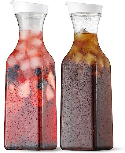 Taylor & Brown 50 Oz Water Carafe with Flip Top Lid, Set of 2 Square Base Juice Containers, Clear Plastic Pitcher - for Water, Iced Tea, Juice, Beverage, Milk, Cold Brew - Hand WASH ONLY