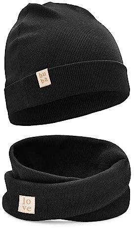 Bubalove Mützen und Schalset für Jungen, Mädchen, baby, Größen 0mc bis 12 Jahre+ viele Farben, Frühlings-, Herbstsets, Baumwollmützen, handgenäht (56-60, schwarz)