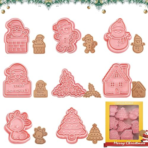 Tuofang 8pcs Formine per Biscotti Natalizi, 3D Pressable Formine per Biscotti, Stampi Biscotti Natalizi Plastica, per Decorare Biscotto, Dolci, Torta (C)
