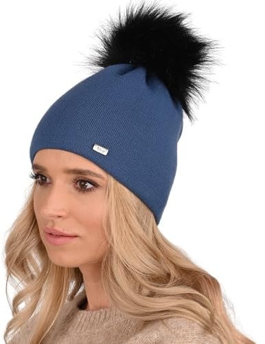 Alur Mütze Damen Beanie Wintermütze Strickmütze mit Bommel - Warme Elastisch Elegant Winter Mütze EKO Bommelmütze - Weiches Garn Stilvoll Universell Warm (Jeans)