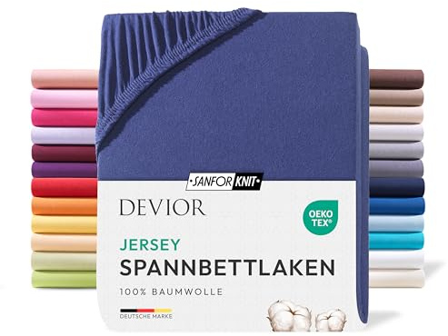 Devior Jersey Spannbettlaken 180x200cm - 200x200cm für Boxspringbetten bis 32cm, 100% Baumwolle, Navyblau – 135 g/m² Anti-Statisches, atmungsaktives Bettlaken mit Einlaufschutz, Matratzenbezug Blau