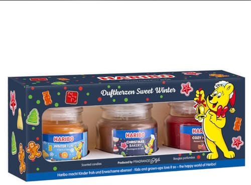 Haribo Duftkerzen Geschenkset | Sweet Winter | 3x Duftkerzen Weihnachten | Geschenke für Frauen | Kerzenset für Zuhause | 3x85g Duftkerzen im Glas