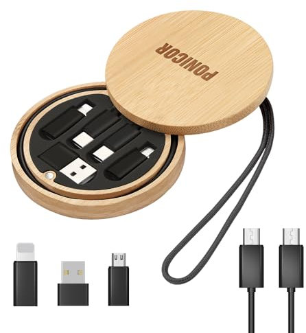 PONICOR Round Multi USB Charging Adapter Cable Kit for Travel, Fast Charging and Data Transfer with Type C to iOS Device/Type C/Micro/USB A Adapter, Pocket Cable Kit for Travel Gadget