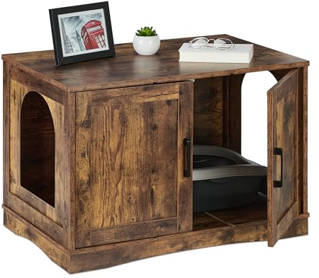 Relaxdays XL Mobile Lettiera per Gatti, Armadietto con 2 Porte Ingresso Aperto, 50x75,5x50 cm, Casetta per Mici, Marrone, Fibra di Legno