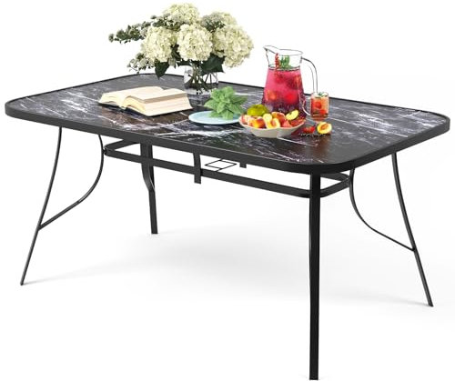 The Fellie Garden Table 150x90cm Patio Table with Parasol Hole Marble Grain Tempered Glass Top Rectangular Outdoor Dining Tables Round Bistro Tables