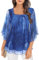 Flikity Ladies Party Tops, Womens Top 3/4 Sleeve Tunic Tops Square Neck Blouses Evening Tops for Women UK Party Top Casual Work Wear Elastic Mesh Tunic Shirts M Ocean Blue