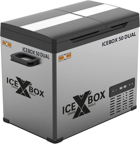 CROSS TOOLS elektrische Dualzone Kühlbox - Kompressor Gefrierbox 39 Liter (Kühlleistung bis -20° C, Für Camping, Auto, tragbarer Kühlschrank, App, 230V/12V/24V, 65x37,5x42,7cm) ICEBOX 50 DUAL, 68064