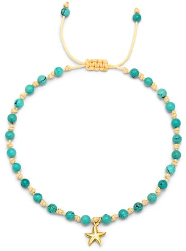 JENDEAR Damen Türkis Fußkettchen, mit Seestern-Elementen, 18K Vergoldung, 925er Silber Fußkette, ideal für den Sommer, Boho-Chic