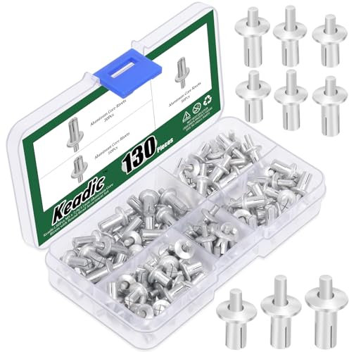 Keadic 130 remaches M5 x 7/9/11 mm con núcleo de aluminio con cabeza redonda, juego surtido con caja de plástico, martillo de cabeza media redonda, remaches ciegos para equipos mecánicos electrónicos