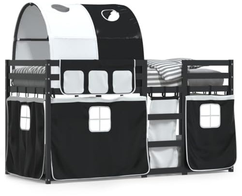 LAPOOH Bunk Bed with Curtains White and Black 90 x 200 cm, Solid Pine, Cabin Bed for Children, Bunk Bed, Loft Bunk Bed with Ladder - 3284024