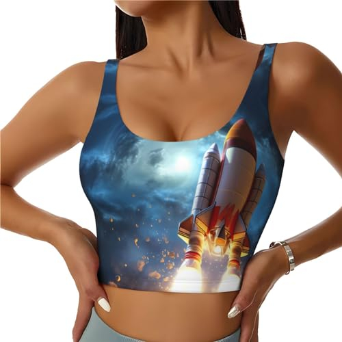 YYHHAOFA Damen Sport-BH mit niedrigem Kragen, elastisch, Sportweste, Yoga, Tank-Tops, Shirts, Rocket in Space-Muster, Schwarz, Medium
