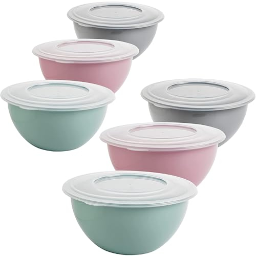 Lot de 6 bols mélangeurs modèle pastel avec couvercle de 1 l, saladier avec couvercle, en plastique sans BPA (PP), couleur : gris clair, rose pastel, vert pastel, couvercle transparent