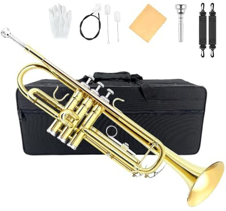 Yinfente Bb Standard Trumpet Set for Beginner or Advance Student, Brass Student Trumpet Instrument With Hard Case, 7C Mouthpiece, Cleaning Kit,White Gloves Glod