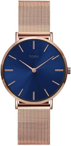 TORII Damenuhr Blau Edelstahl - rund Quarz R34RS.NR Milanaise-Armband Strichindizes wasserdicht 50 m