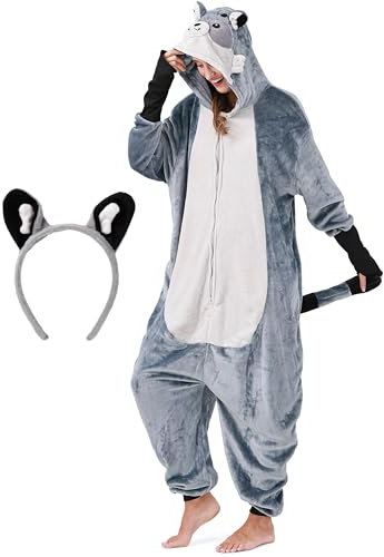 corimori Flauschiges Waschbär-Kostüm für Erwachsene mit Haarreif | Karneval Kostüm Onesie für Damen, Herren | Körpergröße 160-170cm