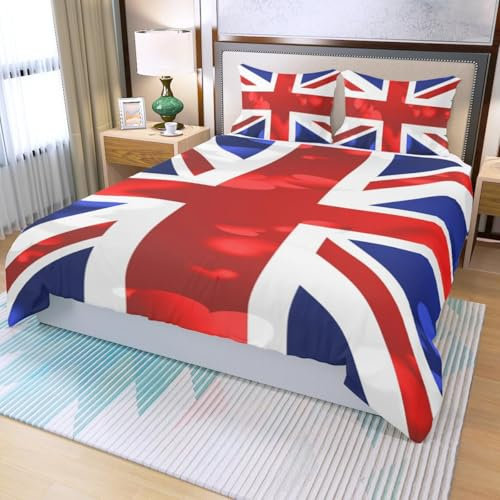 RZPFQB Flagge Bettwäsche 240x220 Bettwäsche Set für Teens Jungen Mädchen Kinderbettwäsche Britische Flagge Bettbezug Set Blau Rot Weiß Union Jack Microfaser Bettwäscheset