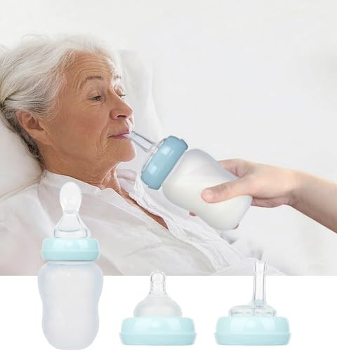 Squeeze Feeding Kit with Straw Spoon 180ml Flow Control Cup for Thick Liquids Adjustable Flow Silicone Bottle Medical Feeding Cup for Elderly, Disabled Adults Home Caregivers