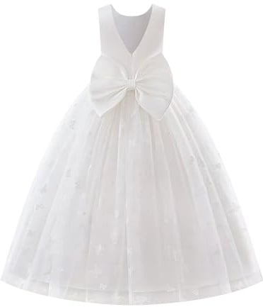 EFOGEP Flower Girls Dress for Wedding Elegant V-Back Bowknot Stain Tulle Princess Maxi Dresses Kids Bridesmaid Birthday Pageant First Communion Party Ball Gowns