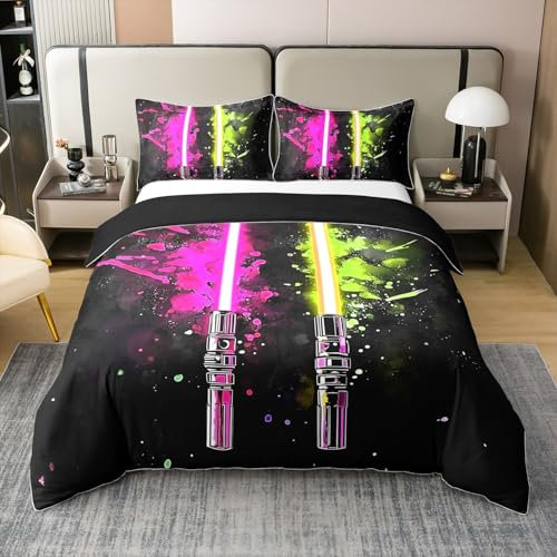 Lichtschwert Thema 100% Baumwolle Bettbezug,Science Fiction Lichtschwert Bettwäsche Set,Rosa Gelbes Lichtschwert Tröster Abdeckung,Spiele Lichtschwert Bett Set,135x200,1 Kissenbezug,Rosa Gelb