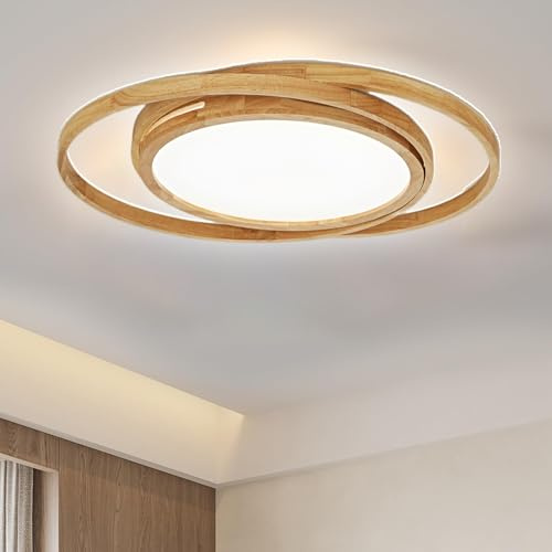 GHiycotdl Led Deckenleuchte Holz,52cm 2 Runde Ringe Deckenlampe Holz,Modern Dimmbar Lampe Für Schlafzimmer, Wohnzimmer, KüChe, Esszimmer, Korridor Zuhause BüRo Kinder