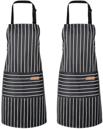 Livdouyu 2 Stück Schürze Kochschürze Verstellbare Küchenschürze mit Taschen | Frauen und Männer Kittelschürze,Baumwolle Schürze,gestreiftes Design,zum Kochen, Malen, Backen, Hausarbeiten