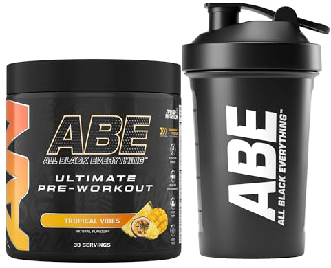Applied Nutrition Bundle ABE Pre Workout 375g + ABE Black Shaker 400ml | All Black Everything Pre Workout Powder, Energy Drink, Physical Performance, Creatine, Beta Alanine, Caffeine (Tropical)