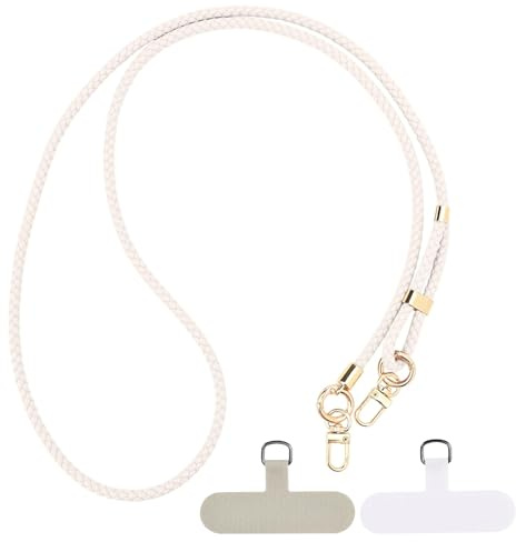 Cordon Téléphone Portable avec 2 Patchs Cordon de TéLéPhone Tressé RéGlable | Lanyard de TéLéPhone Universel à Porter Autour du Cou, Lanyard pour Tous Les Smartphones, Beige