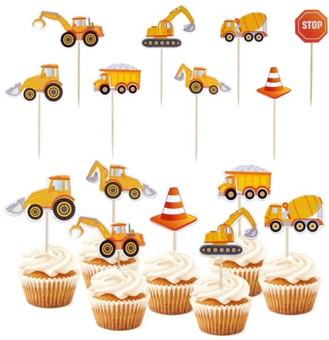 Bagger Cupcake Topper, 8 Stück Baufahrzeug Tortendeko Geburtstag | Bagger Deko Kindergeburtstag für Party Muffin Deko