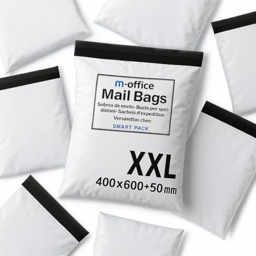 M-office Versandtaschen Selbstklebend 100 Stk XXL (400×500+50 mm) Versandtaschen wasserdicht selbstklebend für Kleidung, Pakete & Online-Shops – Recycelbar mit sicherem Verschluss