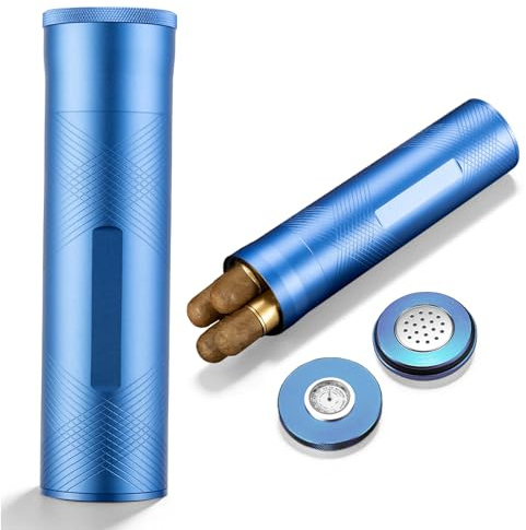 Zigarren Humidor Jar Case mit Luftbefeuchter und Hygrometer Edelstahl Zigarrenetui Reise Zigarrenhalter Humidor für 3-4 Zigarren (Blau)
