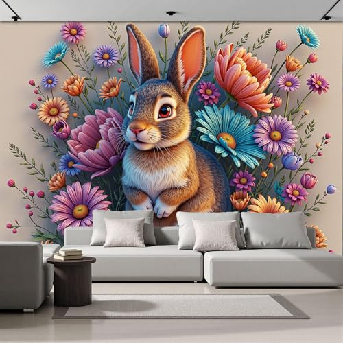 ZISTRCBAO Papier Peint Panoramique Lapin Du Parterre De Fleurs Soie, 250x175cm Poster Geant Mural Style D'Illustration De Dessin Animé Pour Salon Chambre Restaurant Décoration Murale