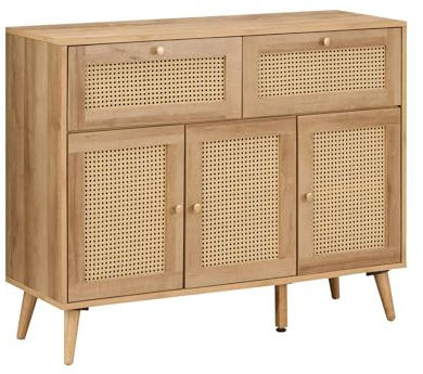 Swish Furniture Manila Rattan 2 Drawer 3 Door Sideboard Storage Cabinet | Oak PVC Rattan Living Room Furniture Buffet Storage, Dining Room Console Table, Bohemian Rustic Kitchen Storage Unit