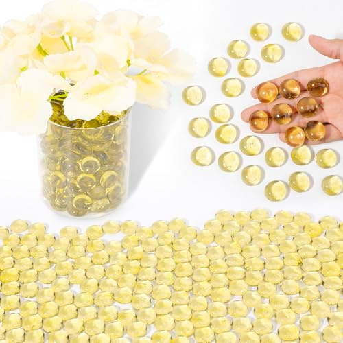Glass Beads for Vases, 440g Mancala Stones, Decorative Vase Filler Beads Gems, Flat Marbles for Flower Holder, Crafts, Flat Glass Marbles Pebbles for Aquarium Decor, Fish Tank Decorations, Yellow