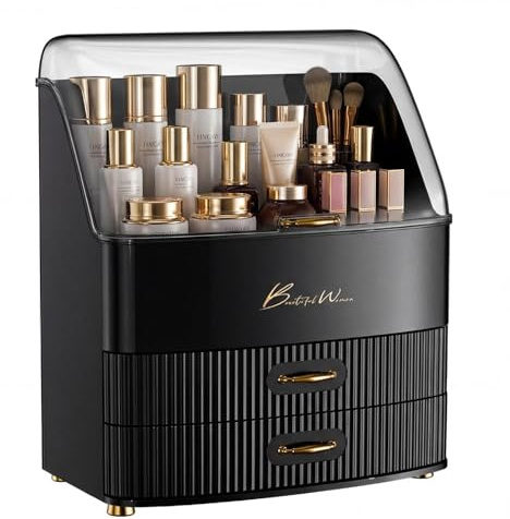 Yixinhe Clear Makeup Organiser with 2 Large Drawers, Dustproof Waterproof Cosmetic Skincare Storage Box Black with Lid, Non-slip Base Vanity Organiser for Bathroom Dresser Desktop, Gift for Women