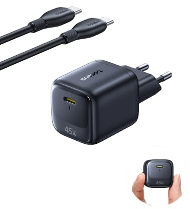 Baseus Cargador USB C 45W GAN con Cable 1 m, Adaptador Carga rápida PPS PD para Samsung S25 Ultra/S24, iPhone 17/16/15 Pro MAX, iPad, MacBook, Pixel