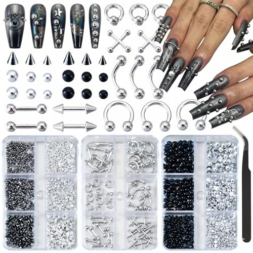 Bafutayawa 3 Box Set Nail Charms, Black Silver Gothic Punk Nail Charms, Metal Studs Gems for DIY Nail Art
